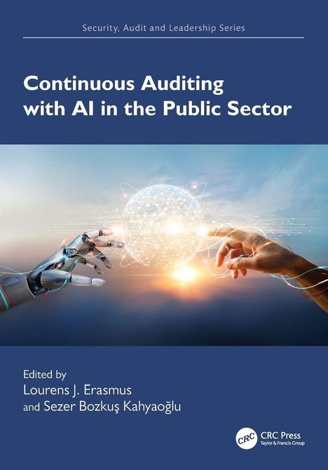 Text: "Continuous Auditing with AI in the Public Sector." Bild eines Roboters und einer Hand, die sich berühren.