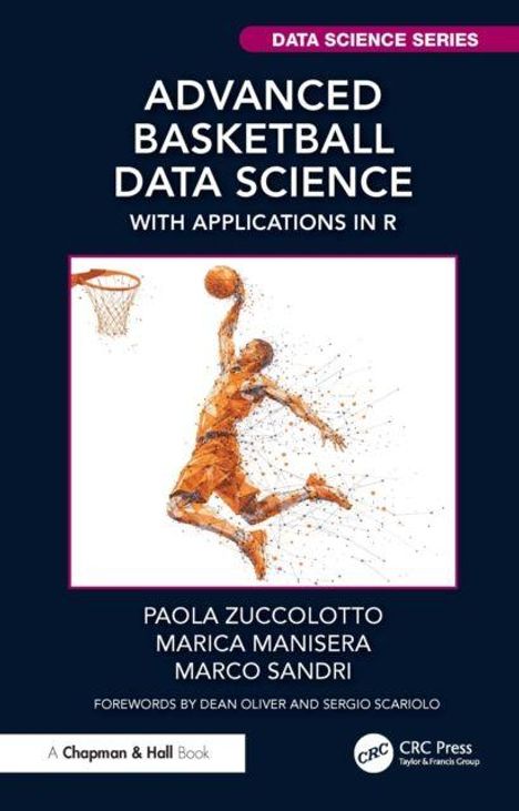 Oben: "Data Science Series". Titel: "Advanced Basketball Data Science with Applications in R". Illustration: Basketballspieler im Sprung.