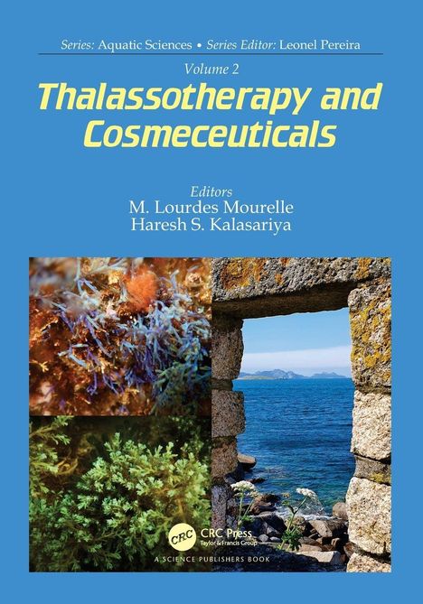 Oben: Titel "Thalassotherapy and Cosmeceuticals", Autoren. Unten: Meeres- und Pflanzenbilder, blaues Thema.