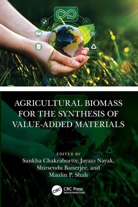 Buchcover mit Erde in Händen, umgeben von Icons. Text: "Agricultural Biomass for the Synthesis of Value-Added Materials".