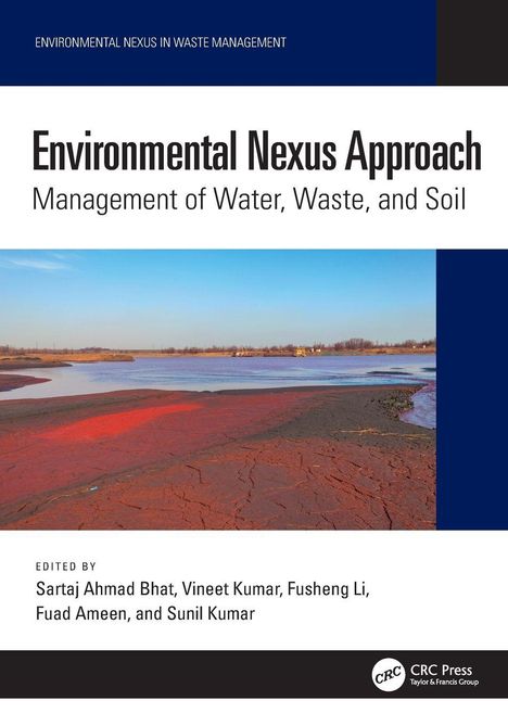 Titel: Environmental Nexus Approach. Untertitel: Management of Water, Waste, and Soil. Naturfoto mit Wasser und rotem Boden.
