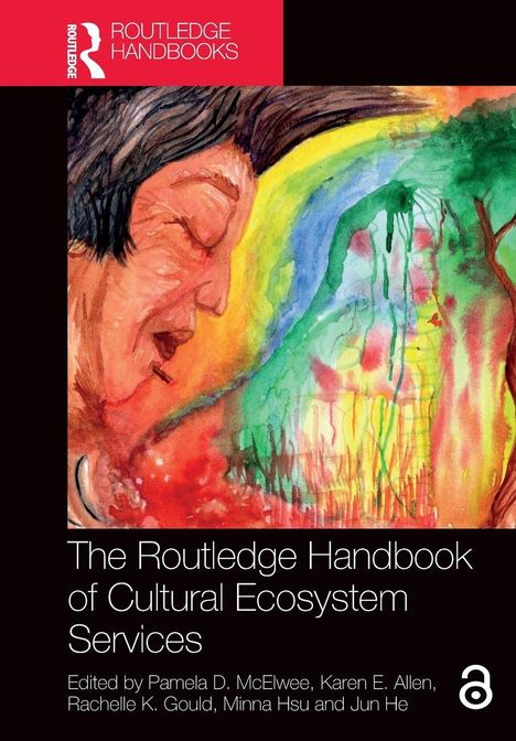 "The Routledge Handbook of Cultural Ecosystem Services." Oben links Logo, daneben eine bunte, abstrakte Illustration eines Gesichts.