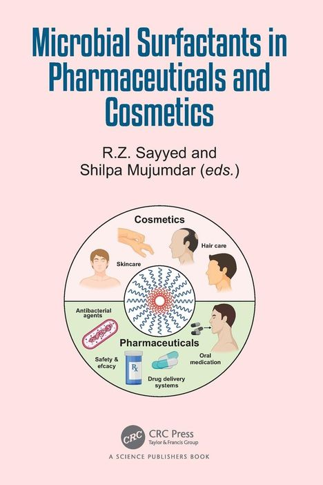 "Microbial Surfactants in Pharmaceuticals and Cosmetics" von R.Z. Sayyed und Shilpa Mujumdar. Illustration mit Themenkreis.