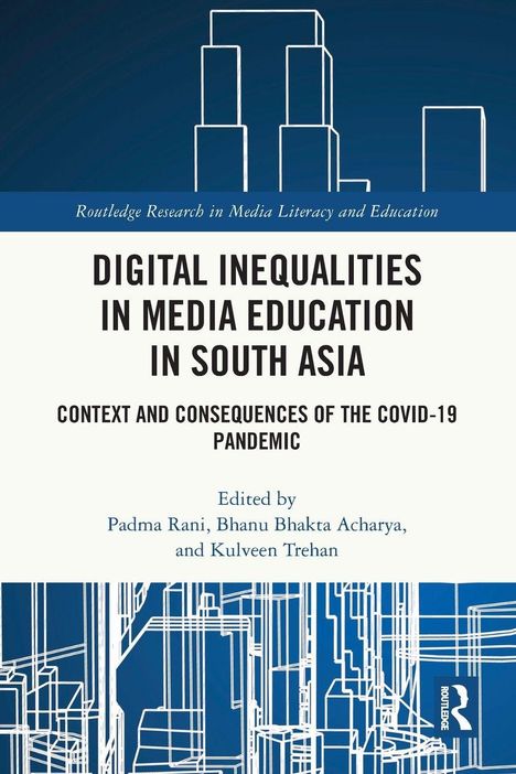 Titel: "Digital Inequalities in Media Education in South Asia". Grafik: Abstrakte Linien, die Gebäude andeuten.
