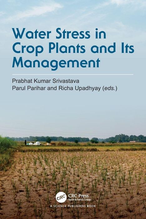 Text: "Water Stress in Crop Plants and Its Management" von Prabhat Kumar Srivastava und anderen. Feld mit jungen Pflanzen.