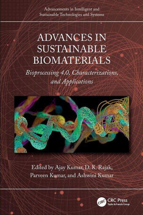 ADVANCES IN SUSTAINABLE BIOMATERIALS. Bunter DNA-Strang auf dunkelrotem Hintergrund mit organischen Mustern.
