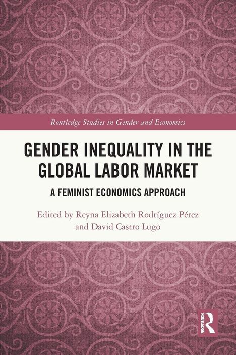 "Gender Inequality in the Global Labor Market" steht in der Mitte auf weißem Hintergrund, von rosa Mustern umgeben.