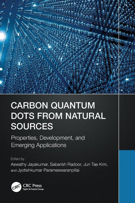 "Carbon Quantum Dots from Natural Sources" Buchcover mit abstraktem, blauem, lichtreflektierendem Muster oben.