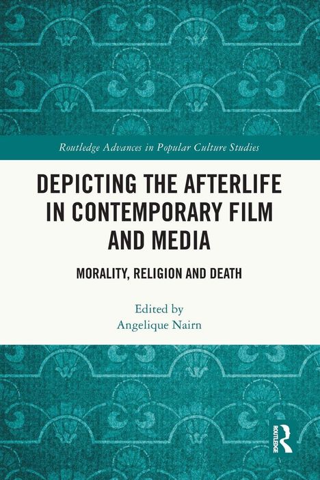 „DEPICTING THE AFTERLIFE IN CONTEMPORARY FILM AND MEDIA“ steht auf einem strukturierten, blau-gemusterten Hintergrund.