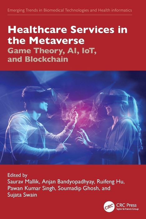 "Healthcare Services in the Metaverse" steht groß auf rotem Hintergrund, darunter zwei Menschen mit VR-Brillen in einer digitalen Umgebung.