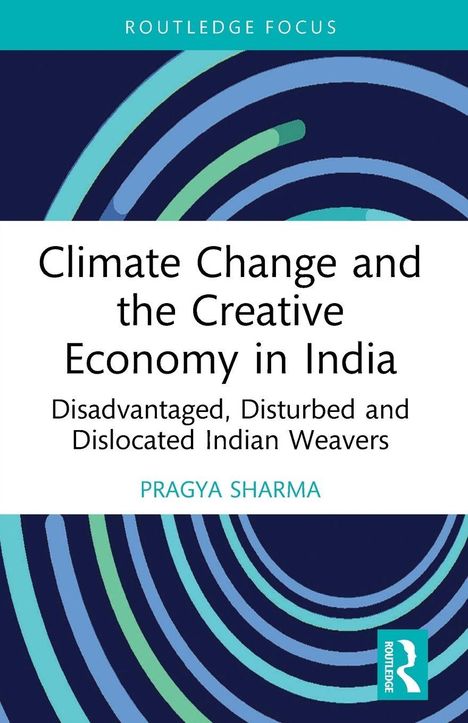 „Climate Change and the Creative Economy in India“ von Pragya Sharma. Spiralförmige Muster in Blau- und Grüntönen.