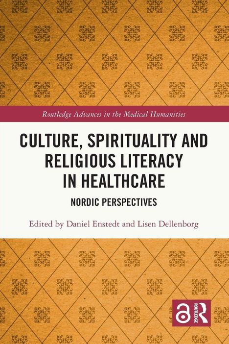 Titel: "Culture, Spirituality and Religious Literacy in Healthcare: Nordic Perspectives". Muster aus braunen Rauten.