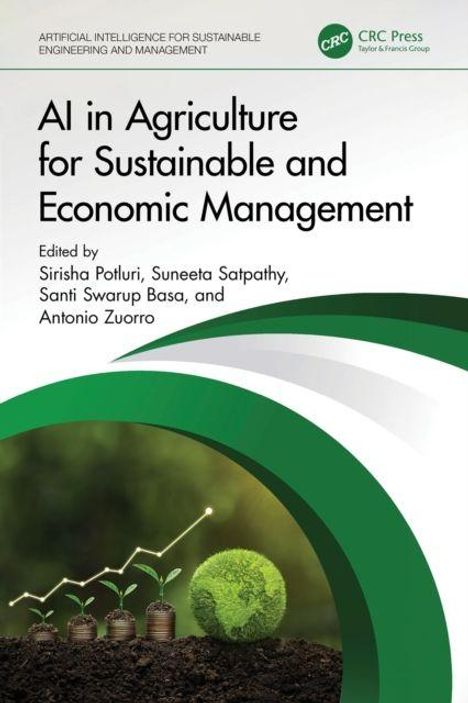 "AI in Agriculture for Sustainable and Economic Management" ist der Titel. Unten Pflanzensprossen in Erde.