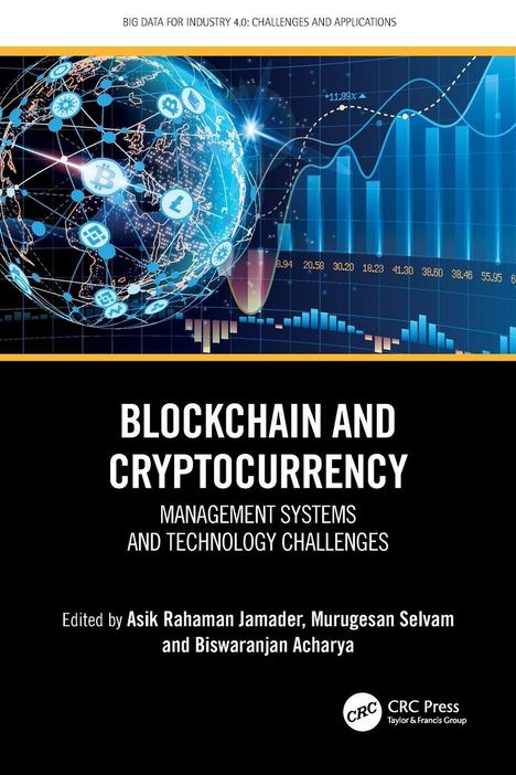 "BLOCKCHAIN AND CRYPTOCURRENCY" ist prominent in der Mitte. Eine digitale Weltkugel mit Krypto-Symbolen links.