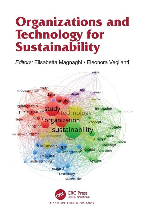 "Organizations and Technology for Sustainability" steht oben. Es folgt eine Netzwerkgrafik mit Wörtern wie "sustainability".