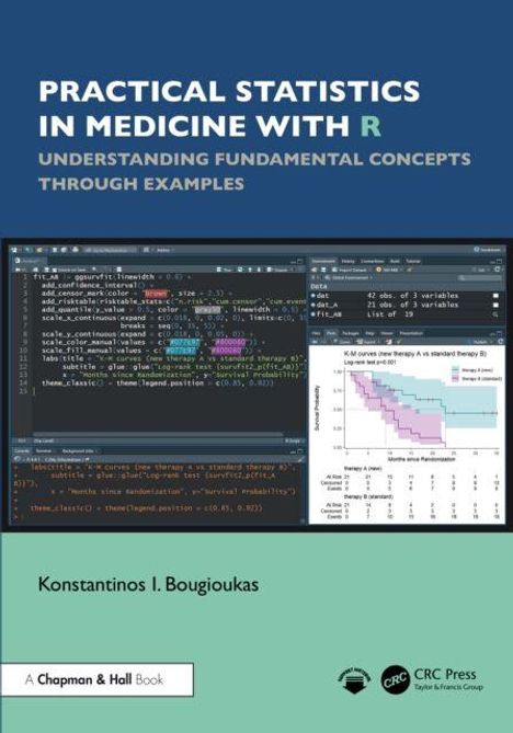 "Practical Statistics in Medicine with R" zeigt einen Bildschirm mit Code und Diagramm, unten Autorenname und Verlagslogos.