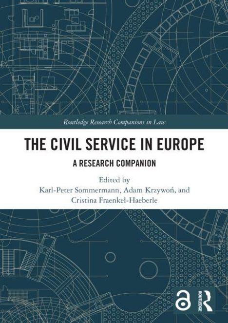 "The Civil Service in Europe: A Research Companion" von Sommermann, Krzywoń, Fraenkel-Haeb, mit Blaupause-Hintergrund.