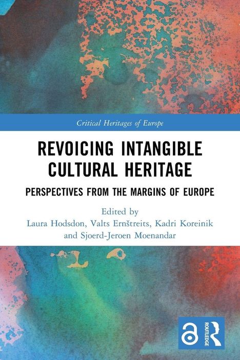 Buchcover: "Revoicing Intangible Cultural Heritage". Bunte, abstrakte Muster in Blau, Rot und Grün.