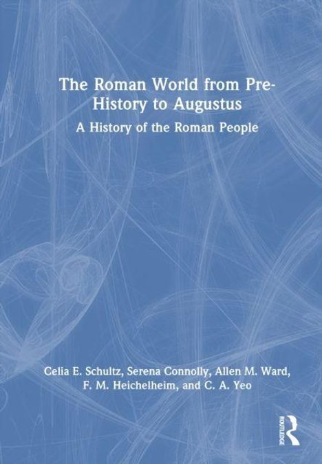 Ein blauer Hintergrund mit weißen, wirbelnden Linien. Oben steht: "The Roman World from Pre-History to Augustus".
