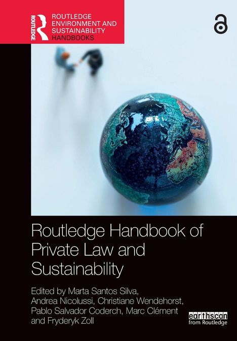 „Routledge Handbook of Private Law and Sustainability“; Globus oben rechts, zwei unscharfe Figuren oben links.