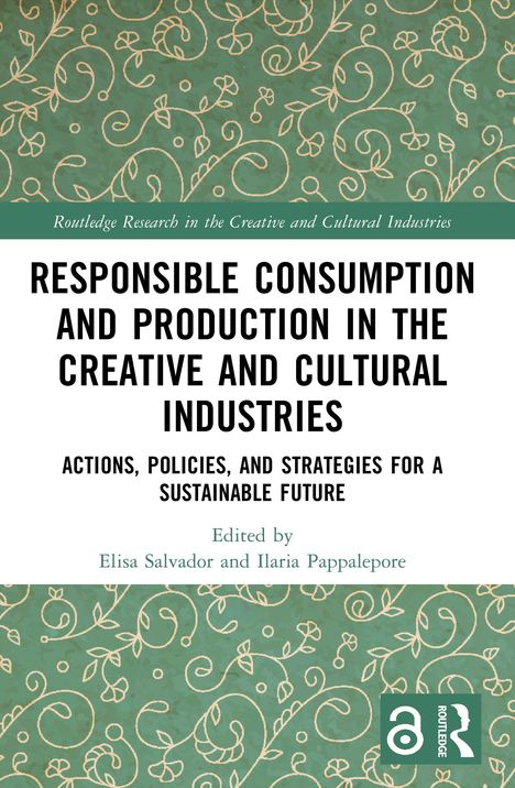 "Responsible Consumption and Production" steht in großen Buchstaben auf grünem Hintergrund mit goldenen Ornamenten.