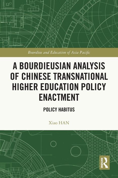 Text: "A Bourdieusian Analysis of Chinese Transnational Higher Education Policy Enactment: Policy Habitus" von Xiao Han. Hintergrund grün mit technischen Zeichnungen.