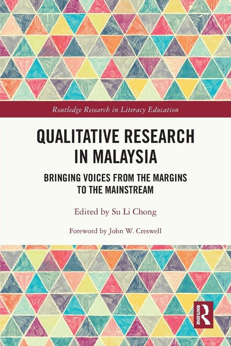 "Qualitative Research in Malaysia" von Su Li Chong. Buntes, pastellfarbenes Dreiecksmuster als Hintergrund.