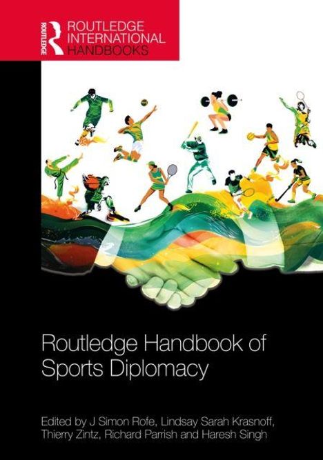 "Routledge Handbook of Sports Diplomacy" steht groß auf schwarzem Grund. Illustration: Menschen in sportlichen Aktivitäten, darunter eine Handreichung.