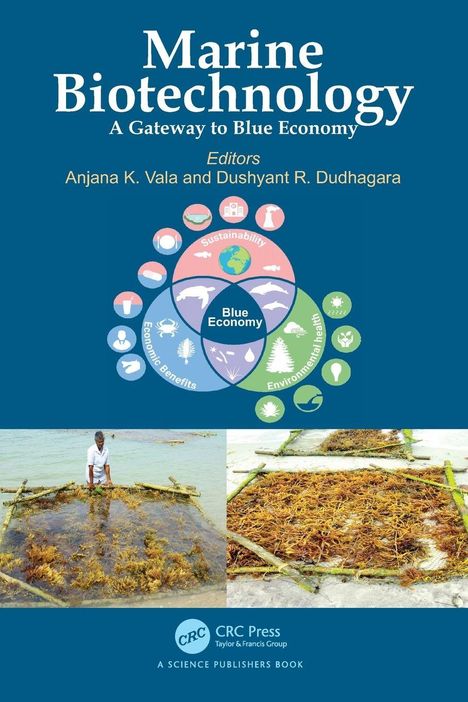 "Marine Biotechnology: A Gateway to Blue Economy." Kreisdiagramm mit Symbolen und ein Mann in einem Wasserpflanzenfeld.