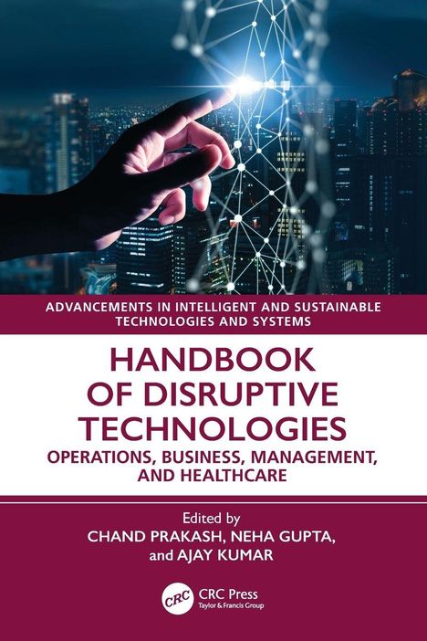"Handbook of Disruptive Technologies" zeigt eine stilisierte Hand, die ein Netz aus Punkten berührt, vor einer Stadtansicht.