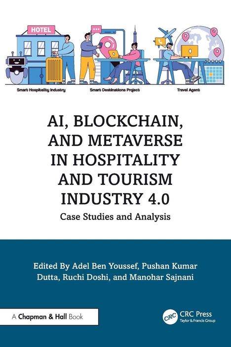"AI, Blockchain, and Metaverse in Hospitality and Tourism Industry 4.0," Illustration mit Hotel, Laptop, Roboter.