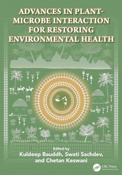 „ADVANCES IN PLANT-MICROBE INTERACTION FOR RESTORING ENVIRONMENTAL HEALTH“. Illustrationen: Bäume, Hütten, Tänzer.