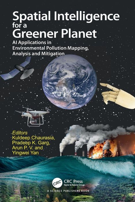 Titel: "Spatial Intelligence for a Greener Planet". Eine Satellit und eine Hand zeigen auf die Erde, Wellen und Rauch im Hintergrund.