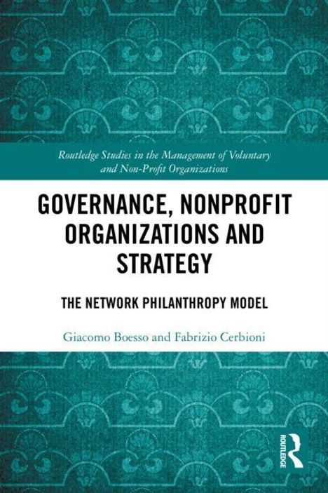 Text: "Governance, Nonprofit Organizations and Strategy: The Network Philanthropy Model" von Giacomo Boesso und Fabrizio Cerbioni. Hintergrund: Türkis mit dekorativem Muster.