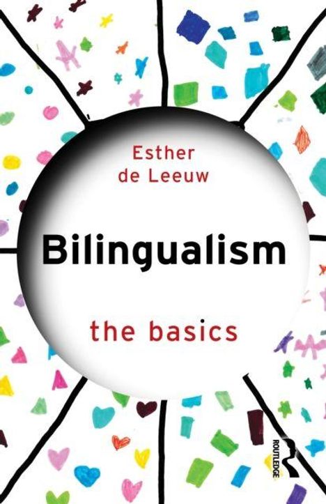 Text: “Esther de Leeuw, Bilingualism, the basics”. Weißer Kreis, farbige, handgezeichnete Formen im Hintergrund.