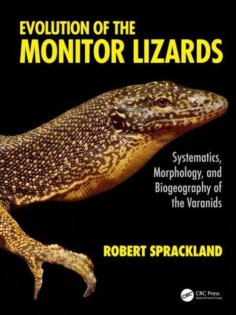 "Evolution of the Monitor Lizards" in Gelb, darunter ein Waran im Profil auf schwarzem Hintergrund.