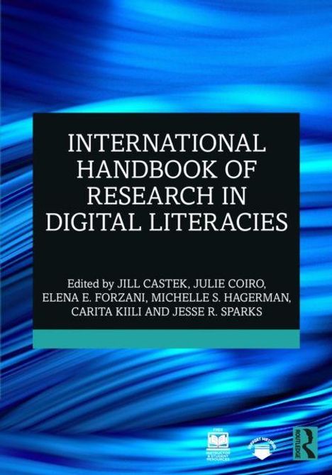 Der Text lautet: "International Handbook of Research in Digital Literacies". Cover mit blau-schwarzem Wellenmuster.
