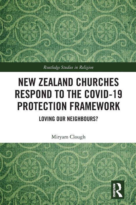 Titel: "New Zealand Churches Respond to the Covid-19 Protection Framework". Grünes, spiralförmiges Muster.