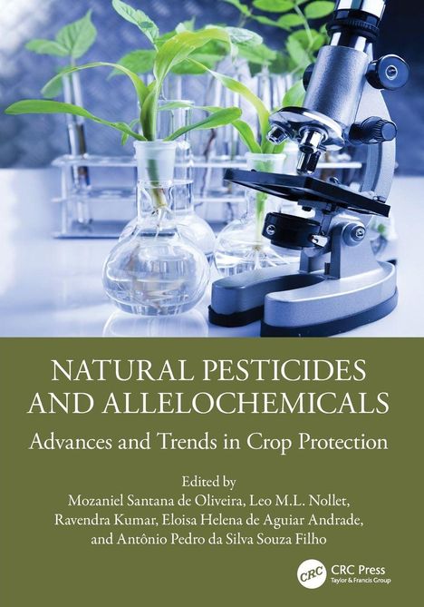 "Natural Pesticides and Allelochemicals: Advances and Trends in Crop Protection" steht auf einem Buchcover mit Pflanzen und Mikroskop.