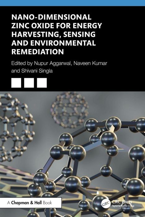 „Nano-Dimensional Zinc Oxide for Energy Harvesting“ steht auf schwarzem Hintergrund. Molekülstrukturen sind abgebildet.