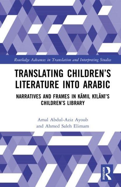 "Translating Children’s Literature into Arabic" steht groß auf weißem Grund. Lila geometrisches Muster ist im Hintergrund.