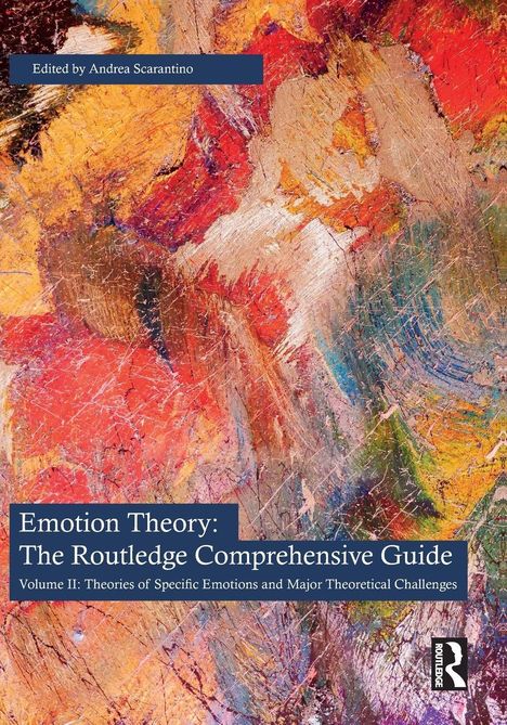 "Emotion Theory: The Routledge Comprehensive Guide" auf buntem abstraktem Hintergrund, enthält ein Logo.