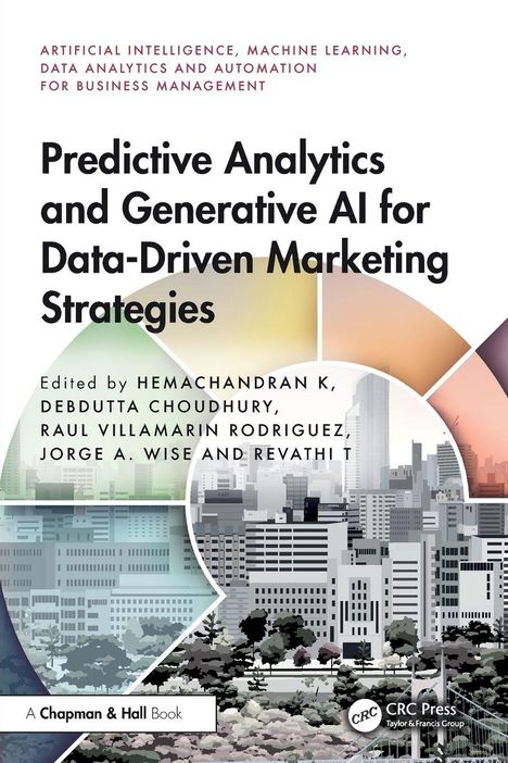 "Predictive Analytics and Generative AI for Data-Driven Marketing Strategies." Illustration von Gebäuden und einem Baum.