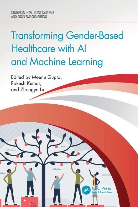 „Transforming Gender-Based Healthcare with AI and Machine Learning“ steht in Blau. Illustration: Menschen ernten Früchte von Bäumen.
