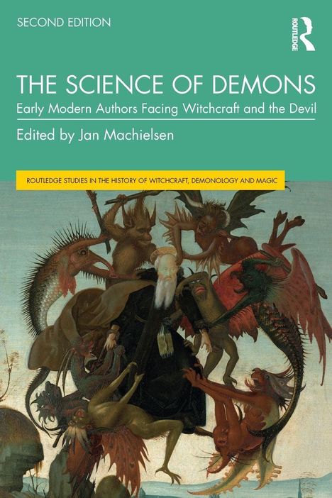 "THE SCIENCE OF DEMONS" beschreibt ein Buch über Hexerei mit einem Gemälde von Dämonen, die einen Mann umringen.