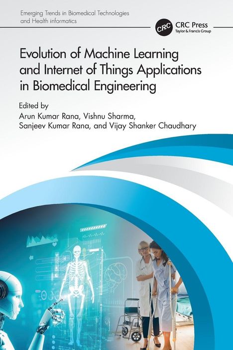 Titel: Evolution of Machine Learning and IoT Applications in Biomedical Engineering. Illustration mit Roboter und Ärzten.