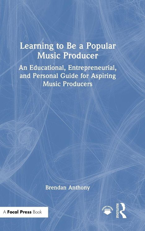 „Learning to Be a Popular Music Producer“ steht in Weiß auf blauem Hintergrund mit abstrakten Linien.