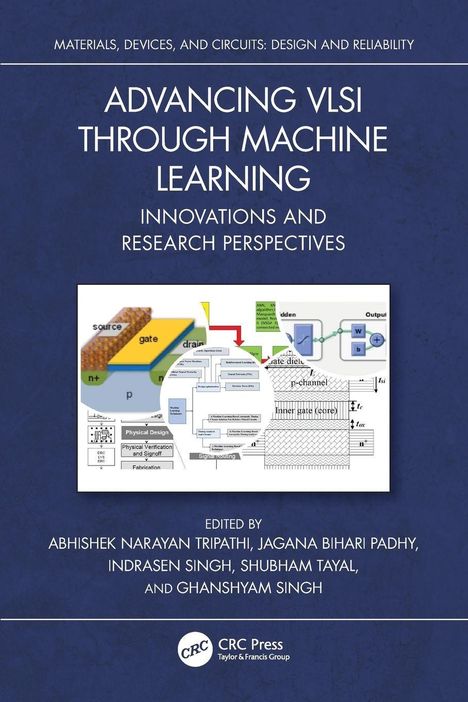 Titel: Advancing VLSI Through Machine Learning. Diagramme und Schaltpläne auf blauem Hintergrund.