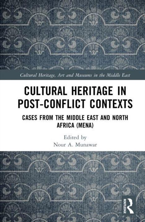 Titel: "Cultural Heritage in Post-Conflict Contexts"; darunter florales Muster in Blau-Grau-Tönen.