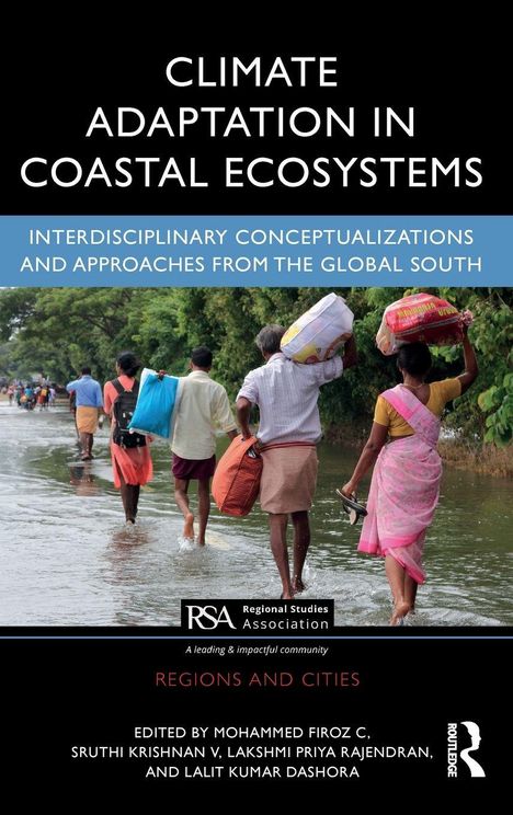 "Climate Adaptation in Coastal Ecosystems" zeigt Menschen, die durch überschwemmtes Gebiet gehen, Taschen tragend.